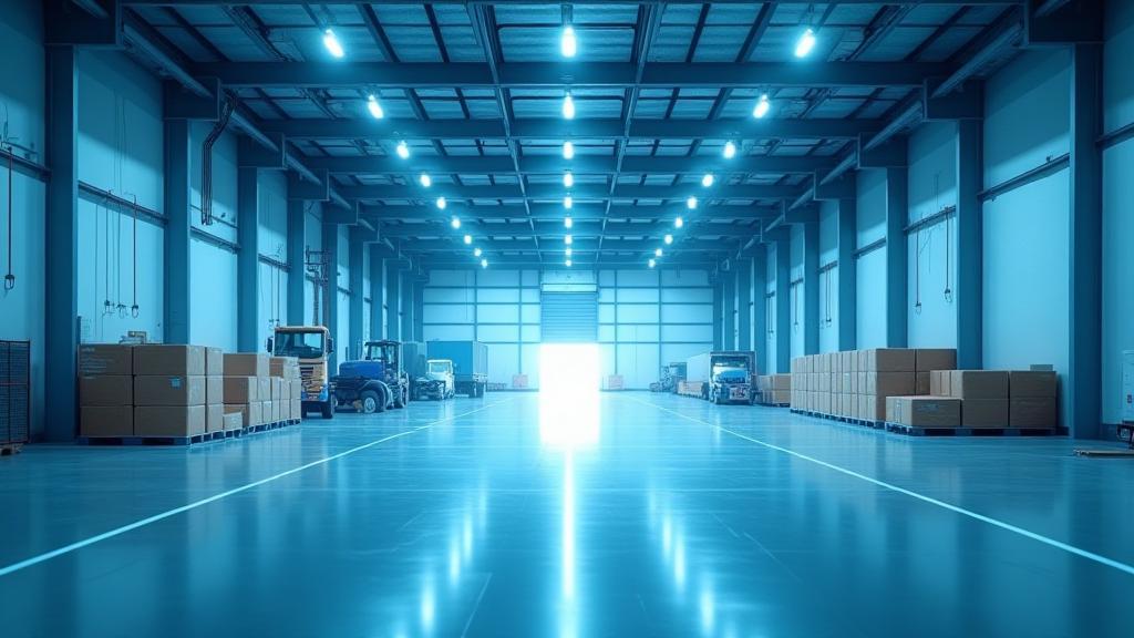Modern warehouse or logistics hub with data overlays.